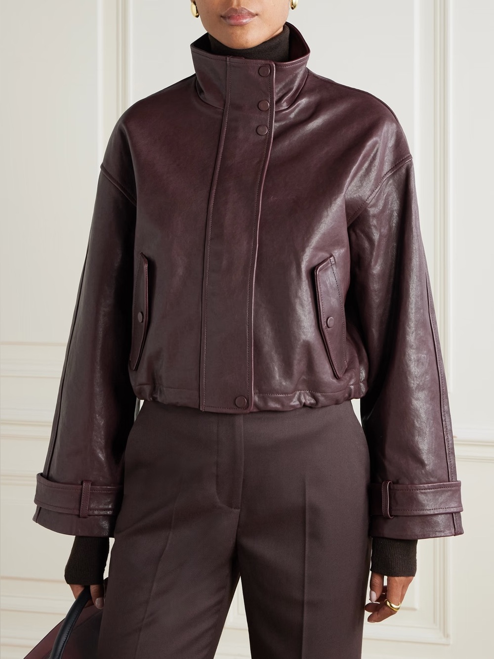 Veronica Beard Bateman Cropped Leather Jacket Raisin Small